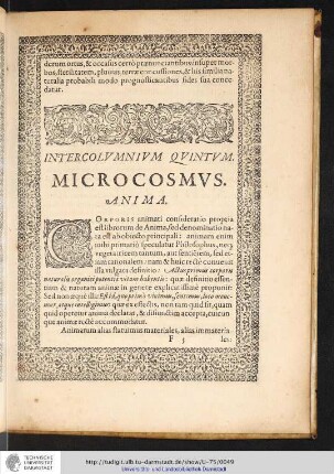 INTERCOLVMNIVM QVINTVM. MICROCOSMVS.