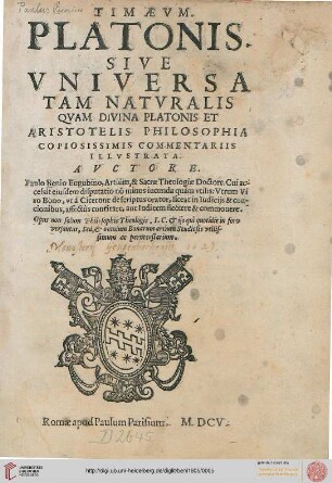 Timaevm. Platonis. Sive Vniversa Tam Natvralis Qvam Divina Platonis Et Aristotelis Philosophia Copiosissimis Commentariis Illvstrata