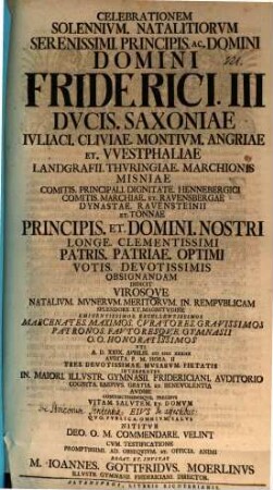 Celebrationem solennium natalitiorum Serenissimi Principis ... Friderici, Ducis Saxoniae ... indicit : [praefatus de Stoicorum sententia de affectibus]