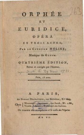 Orphée Et Euridice : Opéra En Trois Actes