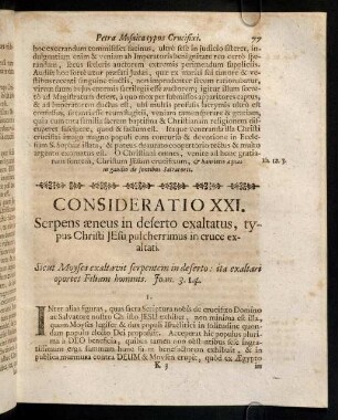 77-84, Consideratio XXI. Serpens aeneus in deserto exaltatus, typus Christi Jesu pulcherrimus in cruce exaltati. Consideratio XXII. Finiculus coccineus Rahab, typus Crucifixi Jesu, nos à perditione servantis.