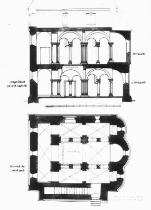 Landsberg (Sachsen-Anhalt), Doppelkapelle St. Crucis, Grundriss Unterkapelle, W-O-Längsschnitt