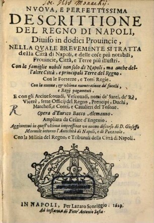 Nuova, e perfettissima descrittione del regno di Napoli