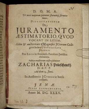 Disceptationem De Iuramento Aestimatorio, Quod Vocant In Litem