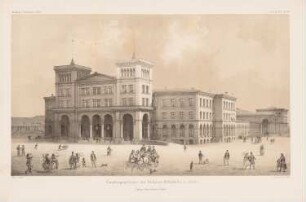 Empfangsgebäude des Görlitzer Bahnhofs, Berlin: Perspektivische Ansicht (aus: Atlas zur Zeitschrift für Bauwesen, hrsg. v. G. Erbkam, Jg. 22, 1872)