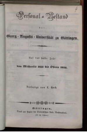 WS 1851/52: Personal-Bestand der Georg-Augusts-Universität zu Göttingen