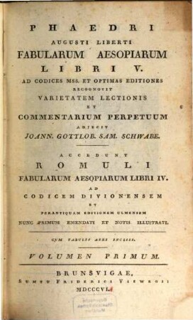 Fabularum Aesoparum libri V, Tom. 1
