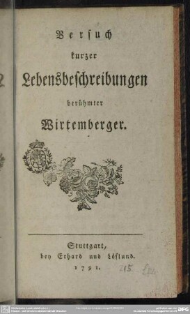 Versuch kurzer Lebensbeschreibungen berühmter Wirtemberger