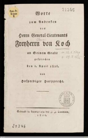 Worte zum Andenken des Herrn General-Lieutenants Freyherrn von Koch : an Seinem Grabe gesprochen den 1. April 1826