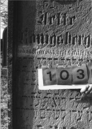 Grabstein 103 (Index: 100116411) Material: Sandstein Zustand: teilweise verwittert Maße HxBxT: 184x58x22 cm Beschreibung: aufgesockelte Stele mit eingezogenem Rundbogenabschluß und eingetieftem Schriftfeld: Grabstein 103B