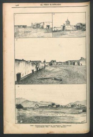 [Vista de] Perú - Población de Supe después de las inundaciones. : 1. - Plaza principal. 2. - Iglesia Matrix. 3. - Calle. 4. - Panteón. (Foto. Martinet.)