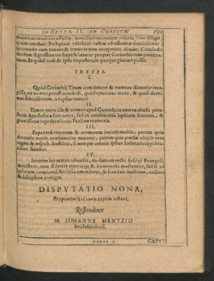 Disputatio Nona. Respondente M. Johanne Hentzio