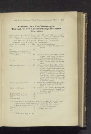 Statistik der Verfälschungen. Thätigkeit der Umtersuchungsanstalten. Literatur.