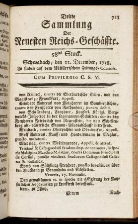 58tes Stuck. Schwabach, den 22. December, 1758.