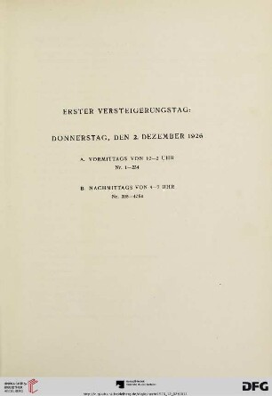 Erster Versteigerungstag: Donnerstag, den 2. Dezember 1926 (Nr. 1-405e)