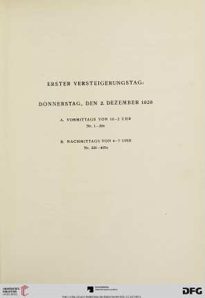 Erster Versteigerungstag: Donnerstag, den 2. Dezember 1926 (Nr. 1-405e)