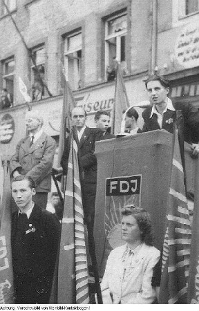 Radeberg. Freie Deutsche Jugend (FDJ), IV. Kreiskonferenz, u.a. mit Hermann Axen, , Vorsitzender der FDJ in Sachsen, 27.-28. September 1947