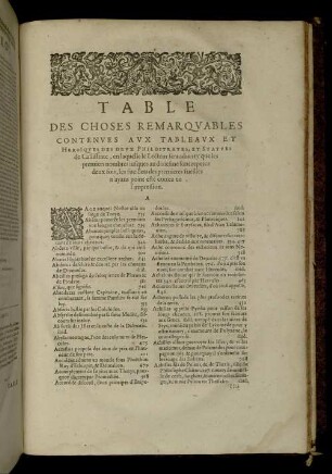 Table Des Choses Remarquables Contenues Aux Tableaux Et Heroïques Des Deux Philostrates, Et Statues de Callistrate [...]