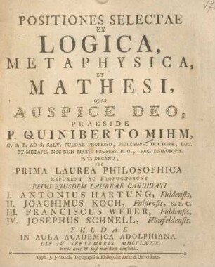Positiones selectae ex logica, metaphysica et mathesi