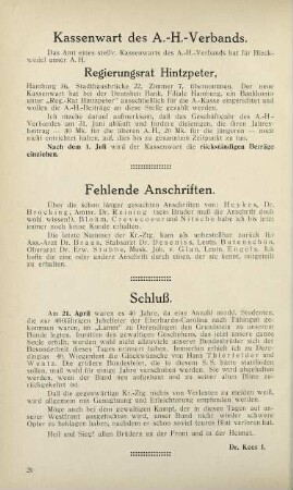 20 Kassenwart des A.-H.-Verbands. Fehlende Anschriften. Schluß.