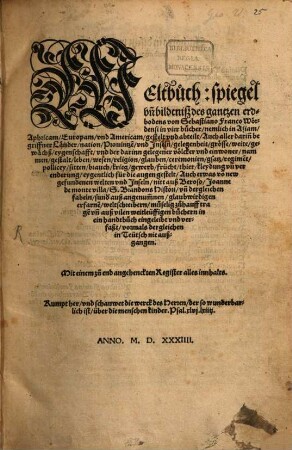Weltbuch : spiegel vnd bildtnis des gantzen Erdtbodens