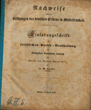 Einladungsschrift zur feierlichen Preise-Vertheilung am Königlichen Gymnasium Ansbach : zum Schlusse des Studien-Jahres ... 1849/50 (1850)