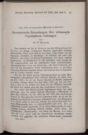Synonymische Bemerkungen über afrikanische Vogelspinnen - Gattungen.