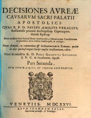 Decisiones Avreae Cavsarvm Sacri Palatii Apostolici, 2