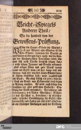 Beicht-Spiegels Anderer Theil/ So da handelt von der Gewissens-Prüffung.