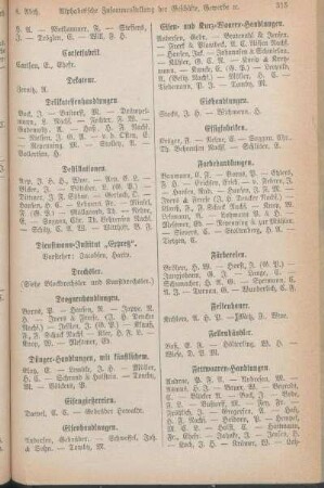 Eisengießereien. Eisenhandlungen. Eisen- und Kurz-Waaren-Handlungen. Eishandlungen. Essigfabriken. Farbehandlungen. Färbereien. Feilenhauer. Fellenhändler. Fettwaaren-Handlungen. [Fisch-Handlungen. Flaschenbiergeschäfte. Formstecher. Fortepianofabriken und Handlungen. Fouragehändler. Fournierhandlungen. Friseure. Friseurinnen. Fuhrleute.]