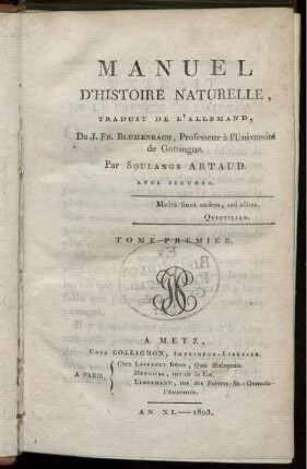 T. 1: Manuel D'Histoire Naturelle. Tome Premier