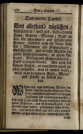 Das vierdte Capitel. Von allerhand nützlichen / bewährten / und gut-befundenen Haus-Artzney-Mitteln; [...]