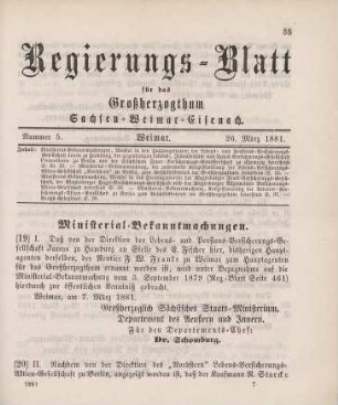 19. Ministerial-Bekanntmachung, den Wechsel in der Hauptagentur der Lebens- und Pensions-Versicherungs-Gesellschaft Janus zu Hamburg betreffend