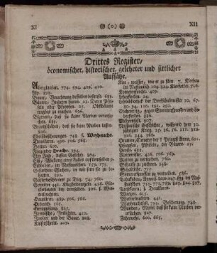 Drittes Register, öconomischer, historischer, gelehrter und sittlicher Aufsätze.