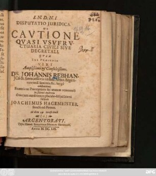 Disputatio Iuridica De Cautione Quasi Usufructuaria Civili Sive Decretali