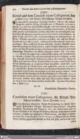 CXV. Conclusum trium Collegiorum, die Kriegs-Verfassung betreffend, den 10 Decembr. 1705