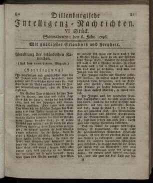VI. Stück. Sonnabends: den 6. Febr. 1796.