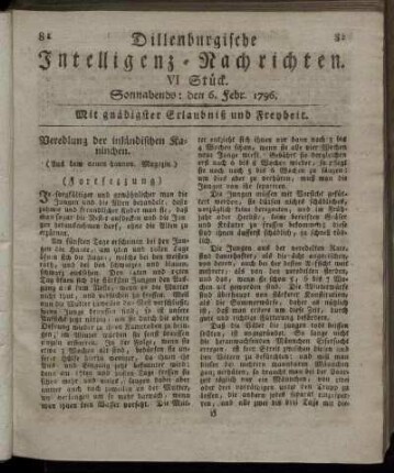 VI. Stück. Sonnabends: den 6. Febr. 1796.