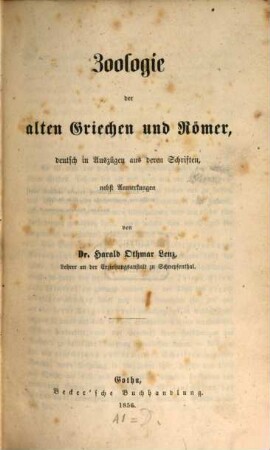 Zoologie der alten Griechen und Römer : deutsch in Auszügen aus deren Schriften, nebst Anmerkungen