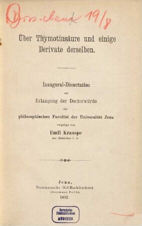 Über Thymotinsäure und einige Derivate derselben