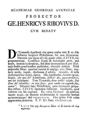 ACADEMIAE GEORGIAE AVGVSTAE PRORECTOR GE.HENRICVS RIBOVIVS D. CVM SENAT V