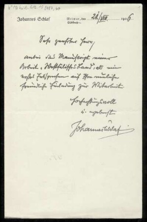Brief von Johannes Schlaf an Will Scheller