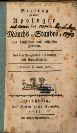 Beytrag zu einer Apologie des Mönchs-Standes : aus statistischen und religiösen Gründen