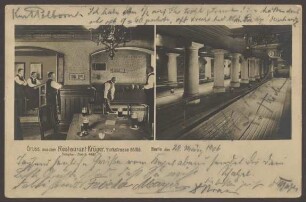 Ansichtskarte „Gruss aus dem Restaurant Krüger“, Kegelvergnügen, Yorckstraße 85-86