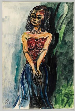 [Frau im blauen Rock und roten Korsett]
