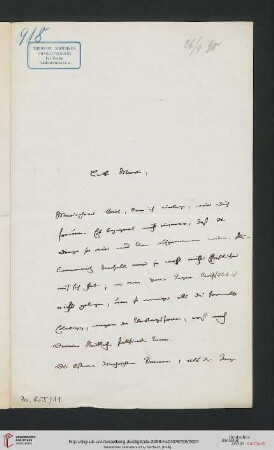 Briefwechsel Theodor Mommsen und Marie Mommsen geb. Reimer: Brief von Theodor Mommsen an Marie Mommsen