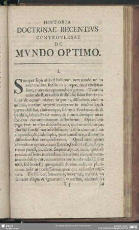 Historia Doctrinae Recentius Controversae De Mundo Optimo