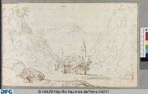 Berglandschaft mit Dorf in einem schmalen Tal