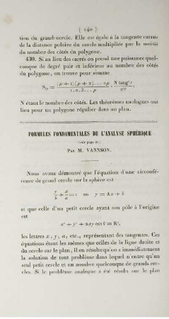 Formules fondamentales de l'analyse sphérique.