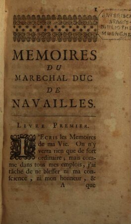 Mémoires du Duc de Navailles et de la Vallette, Pair et Maréchal de France et Gouverneur du Duc de Chartres